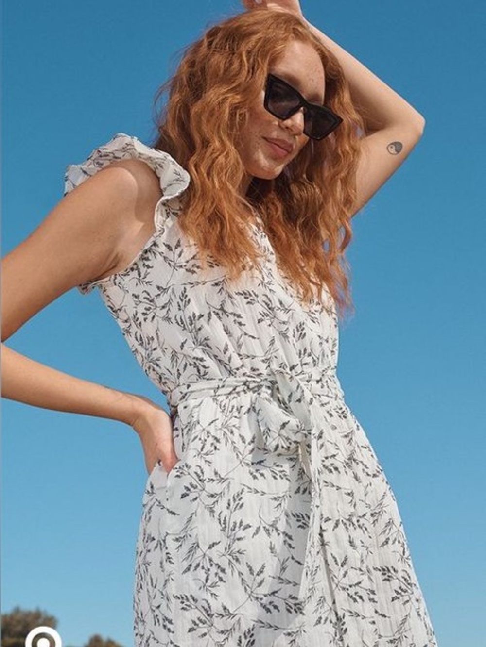 A New Day Womens Flare-sleeve, Plunge Wrap Dress - (Ivory & Black Flower Pattern